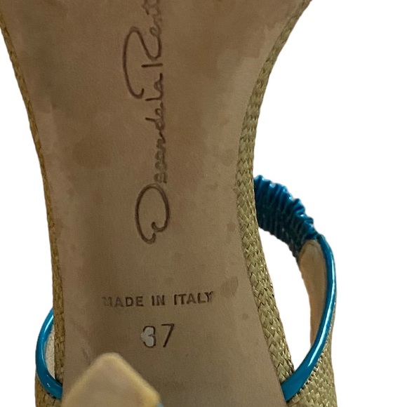 OSCAR DE LA RENTA - OPEN TOE BEIGE RAFFIA & TURQUOISE PATENT LEATHER - SZ 37 S8 - Picture 11 of 14